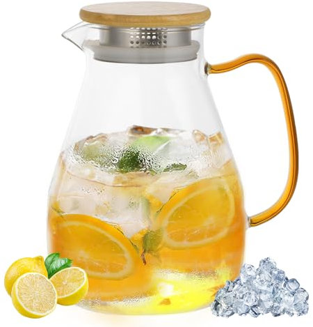 Jarra de cristal 1.8L con tapa de madera jarra agua cristal resistente al calor jarra agua para té café jugos agua fría/caliente fácil de limpiar ideal para uso doméstico 60 Onza