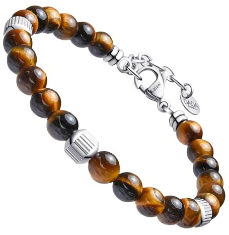 Dada Gioielli - Bracciale Uomo resistente, Beads Acciaio con Pietre Naturali 6mm Onice, Turchese, Sodalite, Occhio Di Tigre, Agata Muschiata, Ossidiana Rossa, Ossidiana Nera (Occhio Di Tigre)