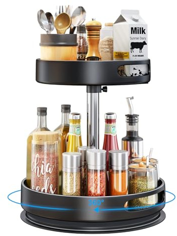 Lazy Susan Organizer, 2/3 Etagen 360° Drehbares Gewürzregal, Kohlenstoffstahl Drehteller Gewürzhalter Höhenverstellbar Stehend Regal für Küche Tisch Arbeitsplatte Schrank Speisekammer (2 Etagen)