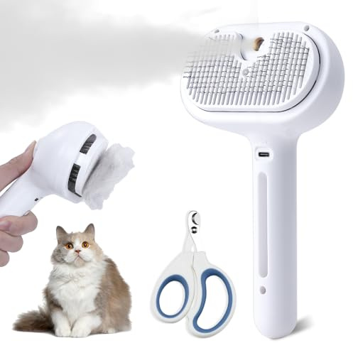Cat Steam Brush with Release Button, Pet Spray Brushes for Shedding & Grooming, Spritz Defur Comb for Cats Dogs Long Short Haired, Steamy Brush for Cats Removing Loose Fur and Massage (White)