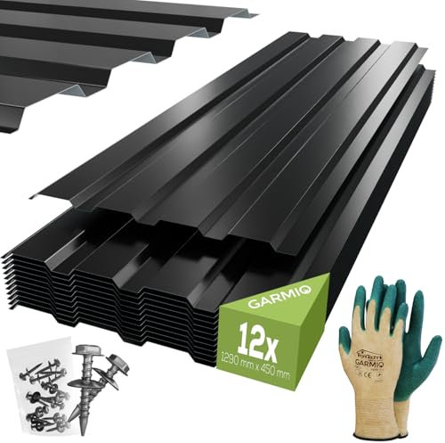 GARMIO® Profilblech Amalfi 129x45 cm Trapezblech Set mit 12 Stück, 7 m² Dachblech inkl. Schrauben, verzinkter Stahl schwarz