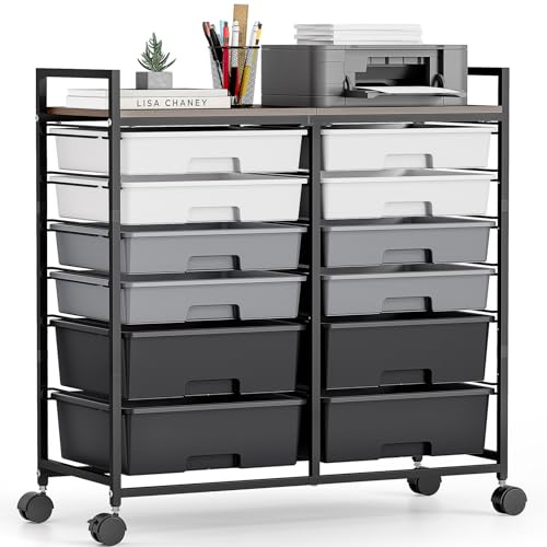 12-Schubladen-Rollwagen-Rollcontainer-Badrollwagen-Kunststoff， Vielseitiger Bastelwagen, Werkzeug- und Aufbewahrungswagen mit holzähnlicher Arbeitsplatte für Bad, Küche, Wohnzimmer,Büro, Grau