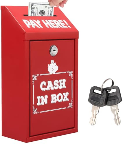 Spendenbox Metall Abschließbar, Spardose Geldkassette Wandmontage Sammelbox mit Zahlenschloss Schlüsselversteck für Draußen, Sicherer Briefkasten Vorschlagsbox mit Einwurfschlitz, Schwarz (Rot)