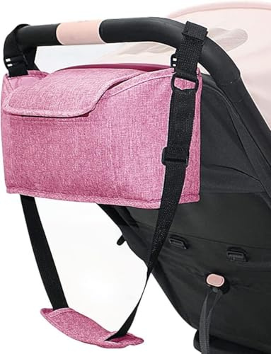 AruMinna Kinderwagen-Organizer – Kinderwagentasche mit Handytasche, Reißverschlusstasche, 2 Getränkehaltern und Schultergurt (Rosa)