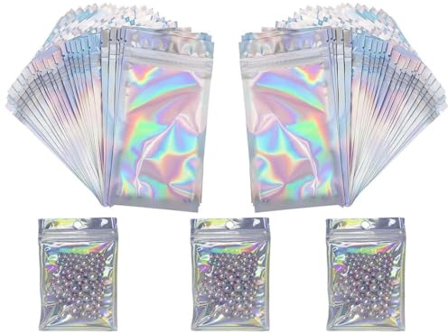 Changyeah Lot de 100 sacs en mylar refermables, inodores, 10 × 7 cm, sacs holographiques, sacs à fermeture plate avec fermeture éclair pour ranger des cadeaux, sacs à bijoux