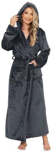 ZFSOCK Vestaglia Donna Lunga Invernale: Accappatoio in Flanella con Cappuccio Caldo Vestaglia in Morbido Pile con Cintura Tasche per Casa Spa Hotel Regalo di Natale - Grigio L/XL
