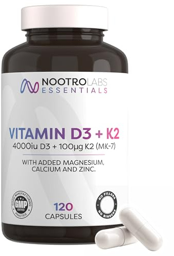 Nootro Labs Essentials Vitamin D3 4000 iu and K2 Capsules (60 Servings), Daily Vitamin D Supplements for Joint Care, Bone & Heart Health and Immune Support