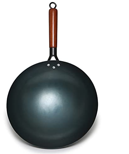 WOTZOV Wok in Ferro Cinese da 36 cm, Wok in Ferro Tradizionale Fatto a Mano, Padella Antiaderente, pentolame per Cucina a Gas Senza Rivestimento，36cm