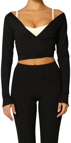 Felcia Haut de ballet enveloppant Y2k pour femme à manches longues col en V profond coupe ajustée yoga pilates ballet hauts d'entraînement, D-black, M