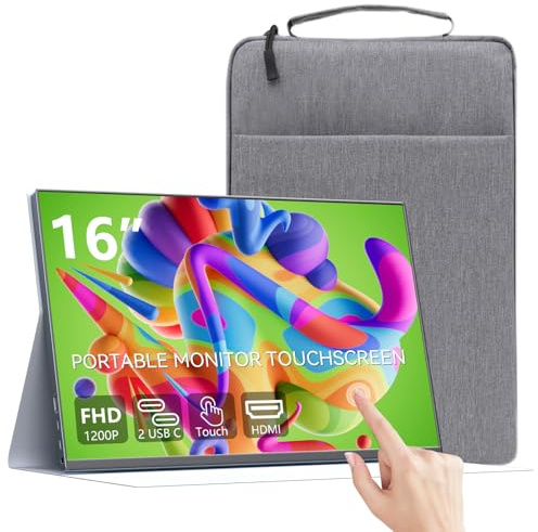 Moniteur portable à écran tactile, 16 pouces, Full HD 1920 x 1200, moniteur de jeu portable, HDR, HDMI, USB-C, moniteur externe, adapté aux ordinateurs portables, Xbox Switch, avec housse intelligente