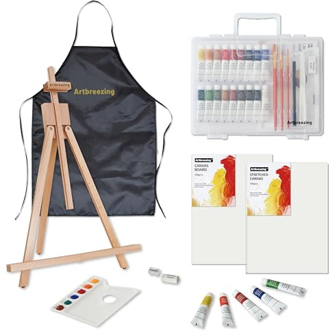 Artbreezing Acryl-Maler-Set, Malerset mit Tischstativ, Pinseln, Leinwand u.ä., Künstlerbedarf-Set für Schüler, Künstler und Anfänger (18 * 12ML)