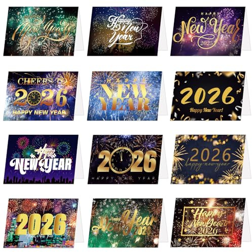 12 Sets Happy New Year Cards 2026,Black and Gold Card with Envelopes and Happy New Year Stickers for Friends,2026 Multipack Greeting Assortment for Any Recipient from The Art Group