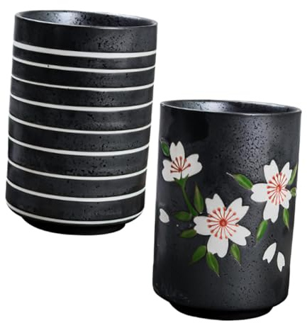 NUOBESTY Tasses à Thé Rétro En Céramique 300 Ml Sans Anse, Lot De 2, Style Japonerie, Cuisson Résistante Haute Et Basse Température, Pour Maison Et Bureau