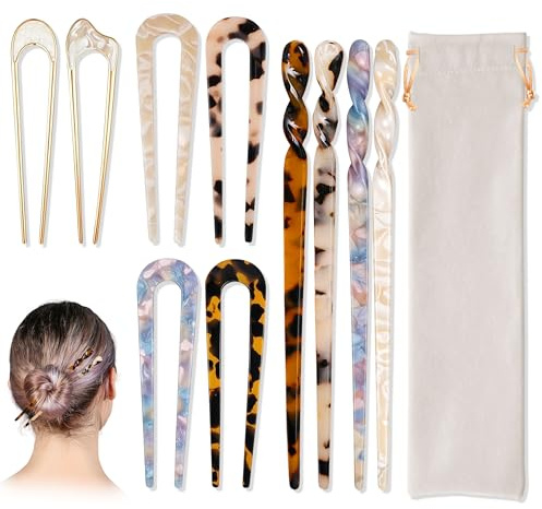 PYSEOSISE Palillos de Acetato para el Pelo, 10 Piezas Horquillas de Acetato Efecto Carey y Horquillas en U, Horquilla China Retro para Moños y Recogidos Accesorio de Peinado para Mujer