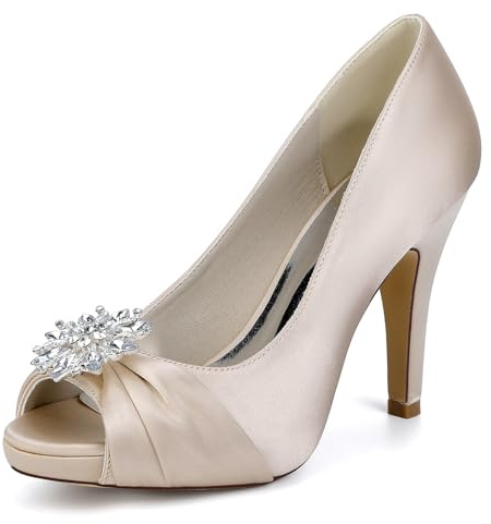 Bridal Scarpe da Sposa Peep Toe Strass Sandali con Tacco Alto 10Cm Elegante Bocca di Pesce Satin Tacco Alto per Banchetti Feste,Champagne,37 EU