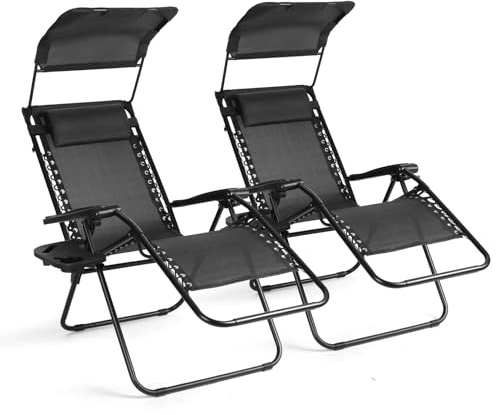 VOWNER Set da 2 Sedie a Sdraio Pieghevoli, Zero Gravity da Giardino, Chaise Longue Pieghevole da Esterno, Poltrone, Giardino con Tettuccio Parasole e Porta Bevande, per Piscina e Terrazzo, Nero