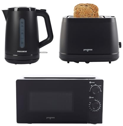 Progress Kettle, Toaster & Microwave Set – 1.7L Rapid Boil Kettle, 2 Slice Toaster & 20L Manual Microwave, Black