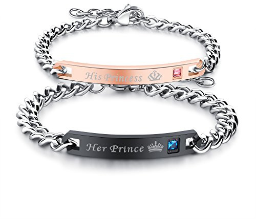 JewelryWe Schmuck Curb Kette Armband mit Gravur Partnerarmband aus Edelstahl Pärchen Armreifen für verliebte Herren Damen Geschenkset