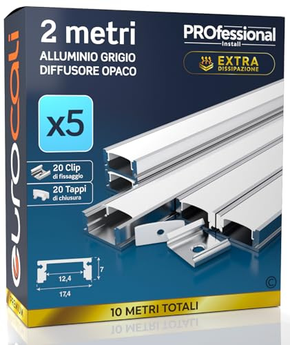 Eurocali 5x Profili da 2 metri (10mt) in Alluminio grigio per Strisce LED | Schermatura Opaca ingombro max striscia led 12.4mm - 17.4 x 7