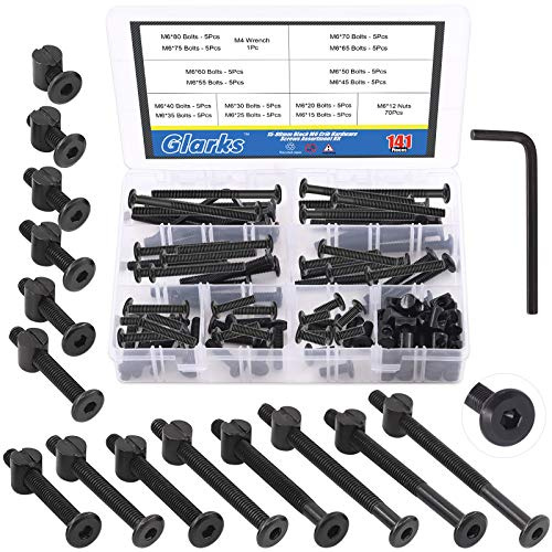 Glarks 141 Stück M6x15,20,25,30,35,40,45,50,55,60,65,70,75,80 mm Babybett Schrauben Hardware Ersatz-Kit, schwarze Innensechskantschrauben und Muttern Sortiment mit einem Inbusschlüssel