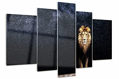 Tulup Glasbild 170x100cm 5 Teile Wandbild Wandkunst Gehärtetem Sicherheitsglas Küche & Wohnzimmer Akrylglas - Löwe auf dem Hintergrund der Sterne