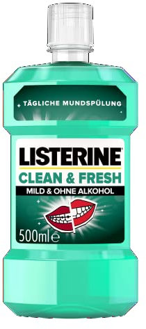 LISTERINE Clean & Fresh (500 ml), antibakterielle Mundspülung ohne Alkohol, Mundwasser mit ätherischen Ölen, mit und ohne Zahnspange