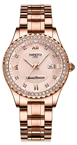 NIBOSI Women's Watches Silver Rose Gold,Analog Quartz,Waterproof | Ladies Watches with Date Featuring a Dazzling Diamond Dial Stainless Steel Watches for Women