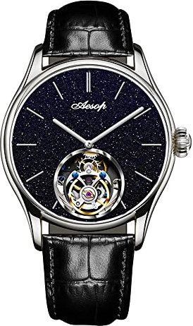Aesop Tourbillon Herrenuhren Mechanisches Tourbillon-Uhrwerk Manuelle Analoge Armbanduhren Blaues Sandstein-Zifferblatt Saphir wasserdichte Business-Uhr für Herren 7050(Silber/Leder)