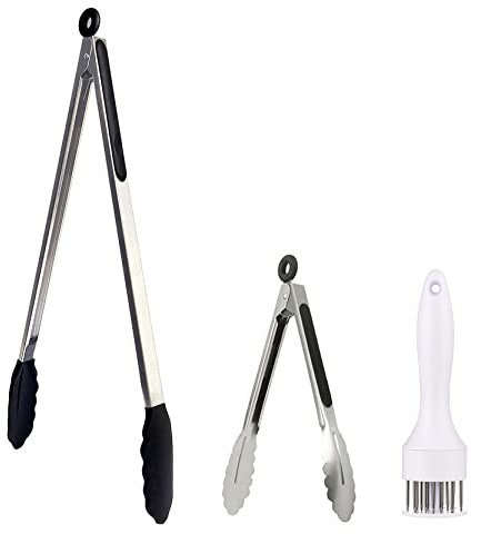 UPTALY 1 pinza per barbecue extra lunga da 45 cm con testa in silicone, 1 mini pinza per insalata in acciaio inossidabile da 20 cm, 1 batticarne con punte perforanti, pinza di grandi dimensioni