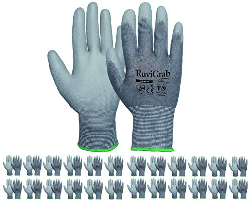 Ruvigrab Transpirable Poliuretano, Guantes De Trabajo Unisex Adulto, Gris (Grey), Talla 9 - 24 Pares Paquete De