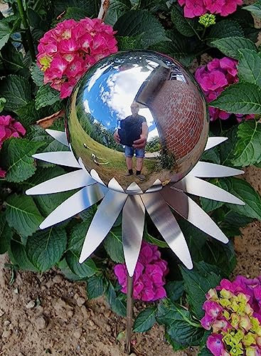 Jürgen Bocker Garten-Ambiente Blütenzauber Milano Rosenkugel 10 cm Edelstahl Gartenstecker Deko mit Stab 80 cm (Silber poliert)