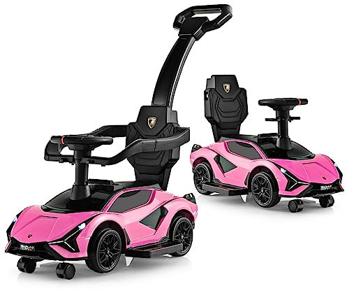 GYMAX 3 in 1 Kids Ride on Push Car, Licensed Lamborghini Push Along Car with Handle, Guardrails, USB Port, Music & Lights, Underneath Storage, Toddler Sliding Toy for 18-60 Months Boys Girls (Pink)