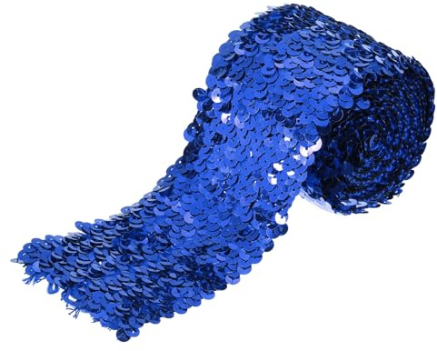 sourcing map 2,2 Mètres De Ruban Élastique À Sequins De 3 Pouces, 5 Rangées De Sequins Plats, Bande De Sequins Pailletés En Tissu Pour Travaux Manuels, Couture Diy, Couleur Bleu Foncé