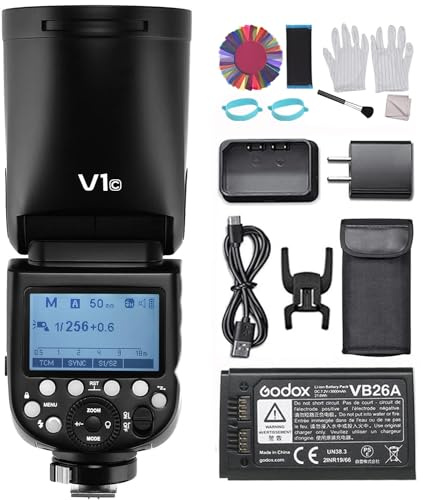 Godox V1C Rundkopf Kamerablitz, Blitzgerät 2.4G Wireless 1/8000S HSS mit 2600mAh Lithiumbatterie+24 Stück Rundkopf-Kamera-Blitzgele für Canon EOS Serie Kamera