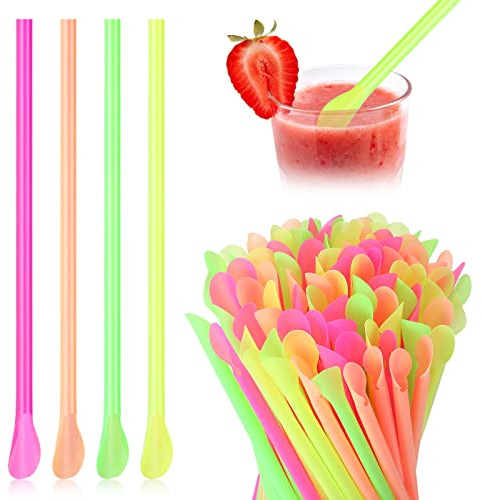 Eaasty 2000 Pcs Snow Cone Spoon Straws, Flexible Plastic Flexible Disposable Drinking Straws, Disposable Plastic Sip Stir Sticks (Yellow,Green,Orange,Rose Red)