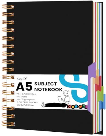 Koogel Notizbuch mit Trennblättern, A5, Spiralbuch mit Reitern, Tagebücher für Frauen, mit 200 Seiten, 5 Fächer, Notizbuch für Arbeit, Schulanfang, Geschenke, Schwarz