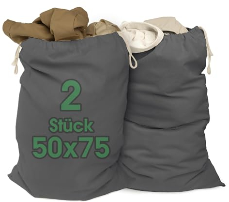ELES VIDA® - Lot de 2 sacs à linge 50 x 75 cm en 100% coton – Sacs à linge extra larges – Durable, avec cordon de serrage, panier à linge de voyage, panier à linge, sac à vêtements, rangement en gris