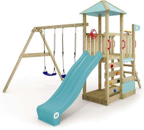 WICKEY Spielturm Klettergerüst Smart Savana mit Schaukel & pastellblauer Rutsche, Outdoor Kinder Kletterturm mit Sandkasten, Leiter & Spiel-Zubehör für den Garten