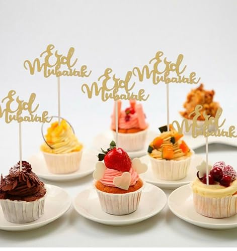 10 Gold Eid Mubarak Cupcake Toppers, Glitter, Cake Topper, Charms, Crafts, Gift Wrapping, Decorations. (Gold)
