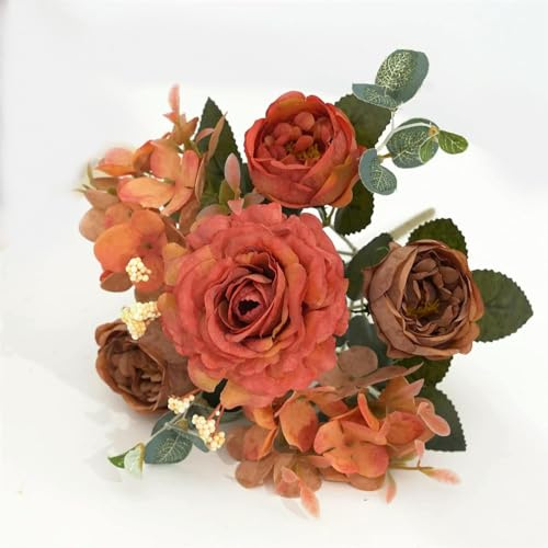 TVIVID Ramo de peonías artificiales de seda burdeos, hortensias, peonías, vintage, ramo de novia para boda, decoración del hogar