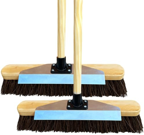 16” Heavy Duty Garden Outdoor Broom With Metal Scraper and Wooden Handle Stiff Bassine Hard Bristle Yard Broom with Durable Support Bracket Sweeping Yard Brush (PACK OF 2)