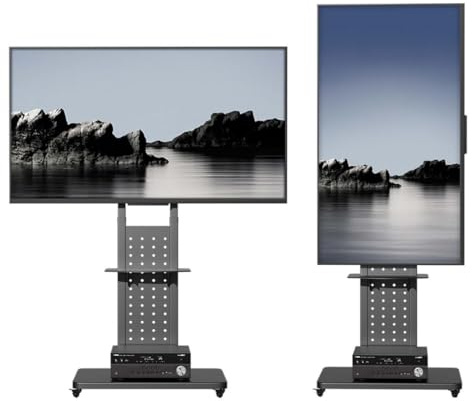 UNHO Golv-TV-stativ på hjul, roterande vertikalt golv-TV-monteringsstativ för 32-65 tums skärmar maxbelastning 50 kg justerbar höjd 130-160 cm VESA Max 600 x 400 mm för vardagsrum sovrum