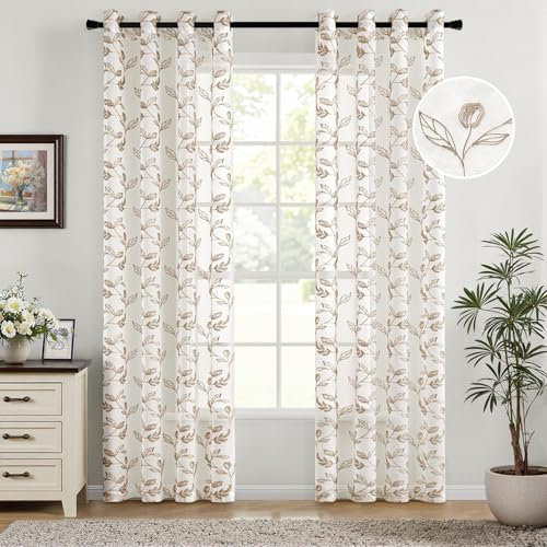 Woaboy Gardinen Braun Blätter Muster Voile Vorhänge mit Ösen Wohnzimmer Transparente Ösenschal Sheer Voile Curtains für Schlafzimmer 2er Set 140x225cm(BxH)
