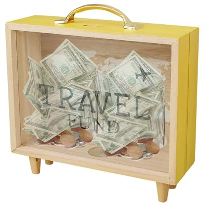 Caja de sombra para billetes – Marco de caja de recuerdos con ranuras | Diseño de mapa del mundo y avión | Caja de recuerdo de viaje transparente | Hucha para billetes, postales, recuerdos, mesa