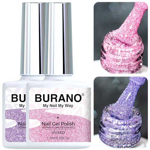 BURANO Reflective UV Glitzer Nagellack, Rosa Lila Nagel Gel Glitzer UV Lack, 7.3ml 2 Flaschen Glitzer Gel Nägel Nagellack Holographisch Nail Gel Polish Curing Need S21 S9