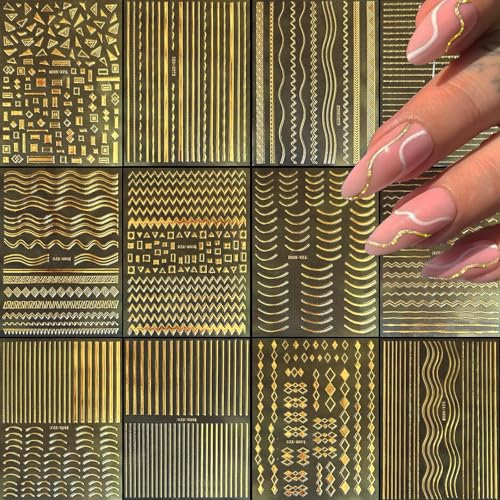 BelleVive 12 Feuilles d'autocollants dorés pour Ongles, décalcomanies, Lignes dorées, Autocollants pour l'art des Ongles, Autocollants pour l'art des Ongles, 3D, Bandes métalliques Autocollantes
