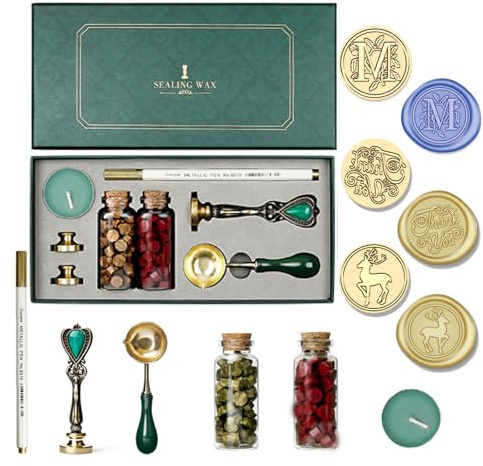 Joyeee Wachs-Siegel-Set mit Geschenkbox, Vintage Abnehmbare Messing Buchstabe M Siegelstempelkopf Elch und Danke Siegelstempel Wachsperlen Metallgriff 2 Farben Geeignet für Geschenk