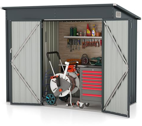GOPLUS utrustningshus metall, 2,75 m², utrustningsskjul med fram- och sidodörrar, trädgårdshus med pulttak och ventilationsfönster, trädgårdsskjul, trädgårdshjul för trädgård, gräsmatta och gård (235