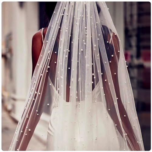 Langer Hochzeitsschleier, weicher Tüll-Brautschleier mit Perlen, Elegante Accessoires für den besonderen Tag der Braut, romantische und ewige Anziehungskraft, Beige, 150 cm