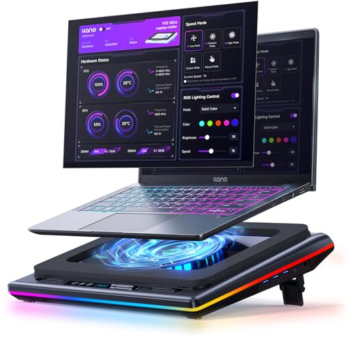 llano V12 Ultra Laptop Cooling Pad with Intelligent Software Control, RGB Gaming Laptop Fan Cooler Stand, 5.5 Turbo Fan, Adjustable Speed, 3*USB 3.0 Ports, Ergonomic Design, for 15.6-21 Laptops